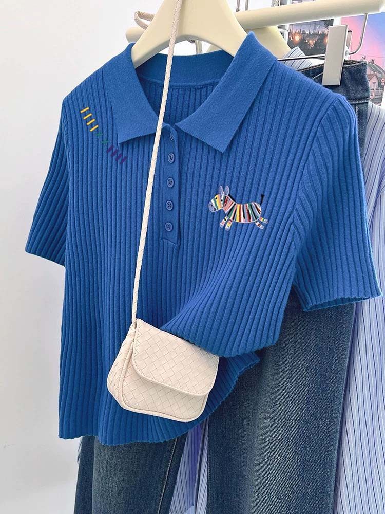 Women's Blue Plus Size Short Sleeve Knit Top Polo Collar Shoulder Cutouts Summer Youthful Fashion Top_ecoleips.com