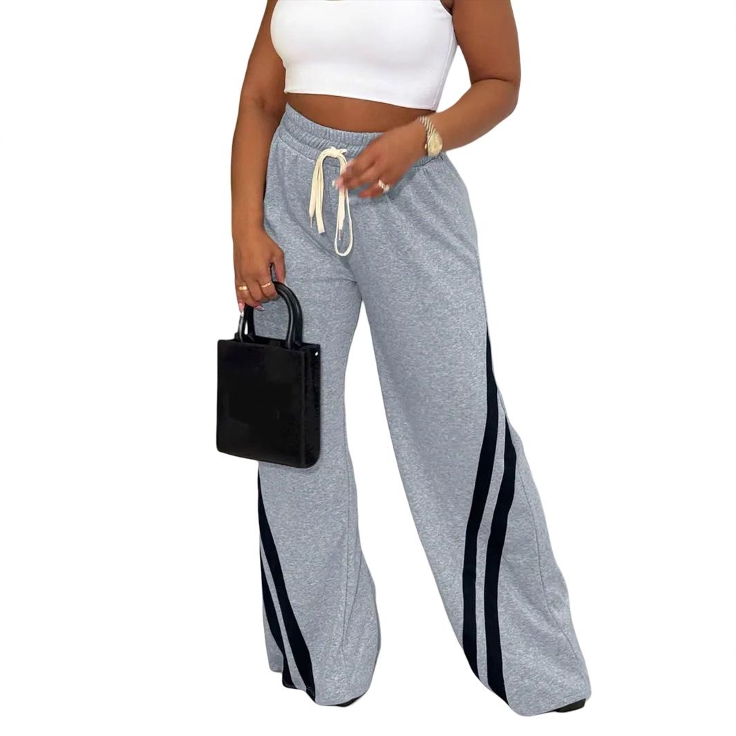 Women's Clothing Fashion Casual Elastic Waist Drawstring Striped Stitching Fabric Wide Leg Sports Trousers_ecoleips.com