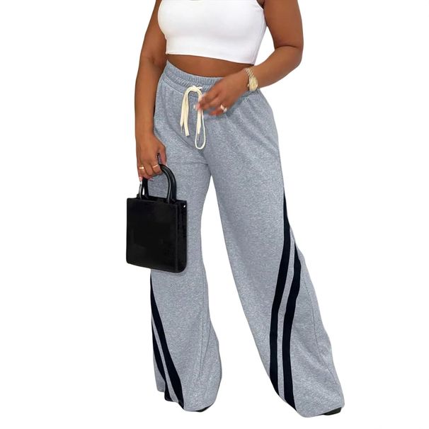 Women's Clothing Fashion Casual Elastic Waist Drawstring Striped Stitching Fabric Wide Leg Sports Trousers_ecoleips.com