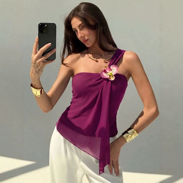 New 2026 Women's Off-Shoulder Mesh Vest Top with 3D Floral Decor Irregular European American Style Cross Border Fashion for Ladies_ecoleips.com