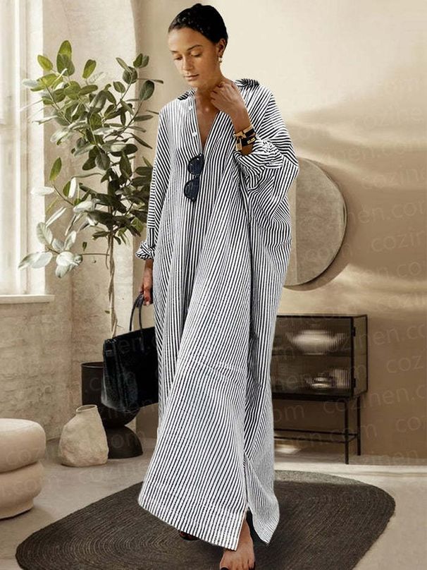 Muslim Dress Women Cotton Linen Striped Cardigan Dress – Oversized Drop Shoulder Open Front Longline Cover-Up (Grey/Black/Blue, S-5XL)_ecoleips.com