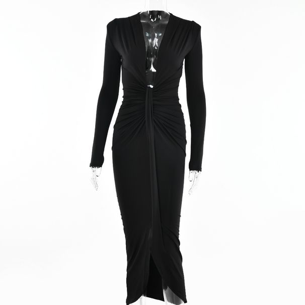 Women Sophisticated Figure‑Flattering Dress With Long Sleeves & Defined Waistline_ecoleips.com
