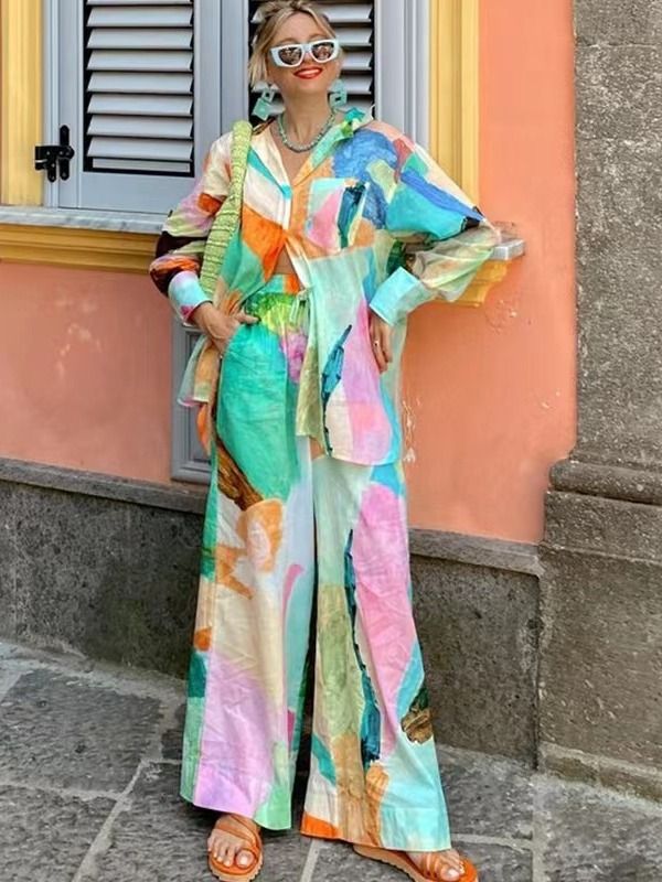 Women's Clothing Casual Fashion Printed Shirt Collar Loose Long Sleeved Two Piece Suit_ecoleips.com