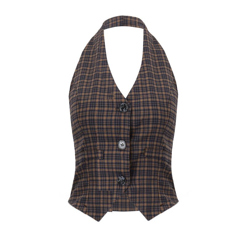Aria Basics Aria Basics INS European And American Women's Fashion 2025 Autumn New Street Style Hot Girl Retro Plaid Cardigan Button Halter Vest_ecoleips.com