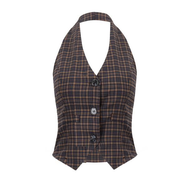 Aria Basics Aria Basics INS European And American Women's Fashion 2025 Autumn New Street Style Hot Girl Retro Plaid Cardigan Button Halter Vest_ecoleips.com