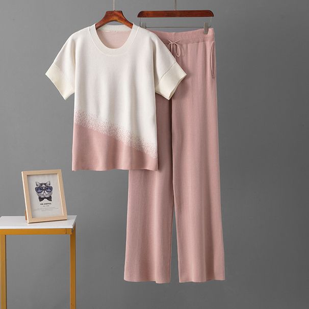 Women's Clothing Round Neck Gradient Knitted Suit Loose Stylish Sweater Temperament Top Casual Sports Wide Leg Pants_ecoleips.com