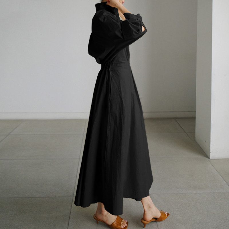 Women's Clothing Elegant Shirt Dress Solid Color Long Sleeve Female Casual High Waist Robe_ecoleips.com
