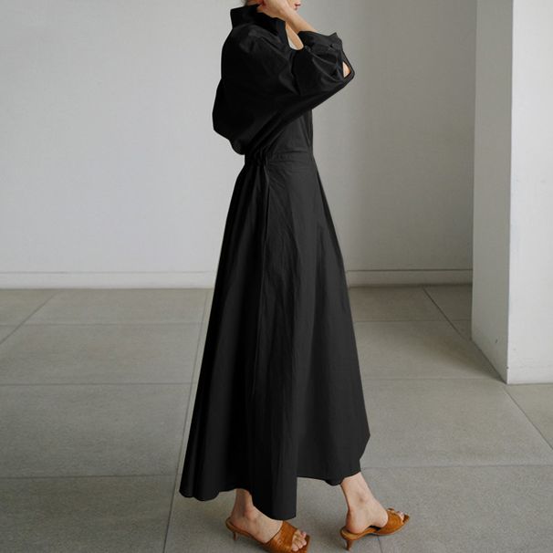 Women's Clothing Elegant Shirt Dress Solid Color Long Sleeve Female Casual High Waist Robe_ecoleips.com