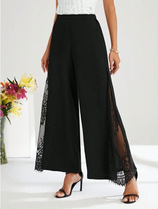 Spring/Summer High-Waisted Wide Leg Pants For Women Casual Trousers With Lace Trimmed Elegant_ecoleips.com