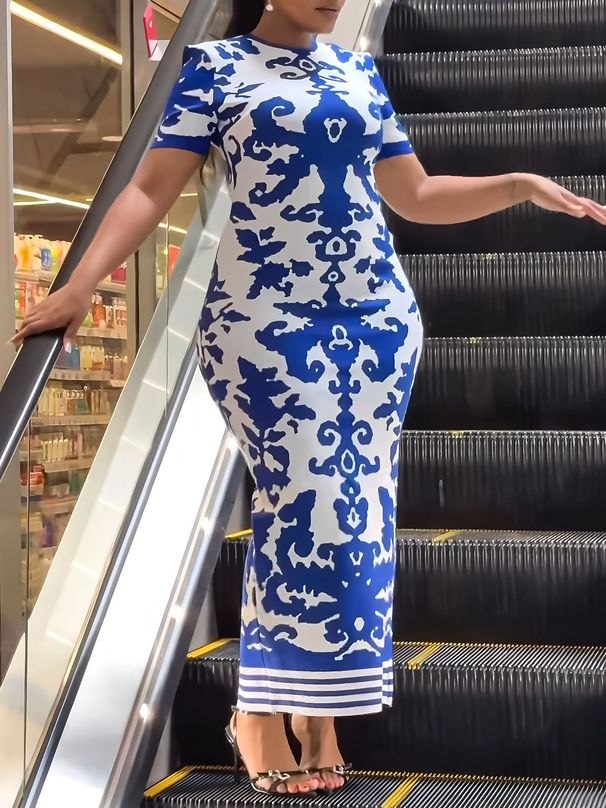 Women's Clothing Elegant Printed Slim Fit Hip Short Sleeved Dress_ecoleips.com
