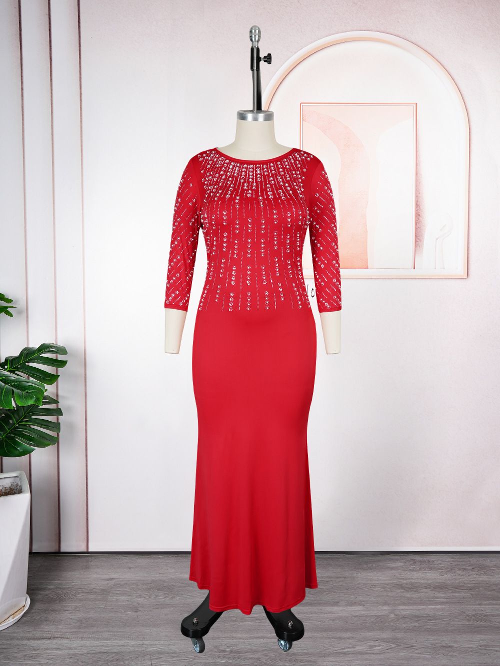 Women's Clothing Fashion Rhinestone Dress Plus Size Rhinestone Evening Dress – Polyester Bodycon Midi Dress For Women (White/Red/Green)_ecoleips.com