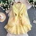 Luxury Yellow V Neck Dress for Women Dopamine Style Lantern Sleeve Chiffon Print Ruffled Cake Design Niche Super Fairy Fashion_ecoleips.com