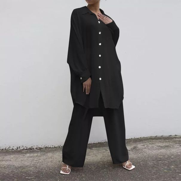 ZANZEA Women's Casual Suit 2023 European American Style Irregular Hem Collared Shirt Solid Color Straight Leg Pants_ecoleips.com