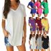Summer Women's Clothing V Neck T-Shirt Short Sleeve Loose Fit Solid Color Plus Size Top_ecoleips.com