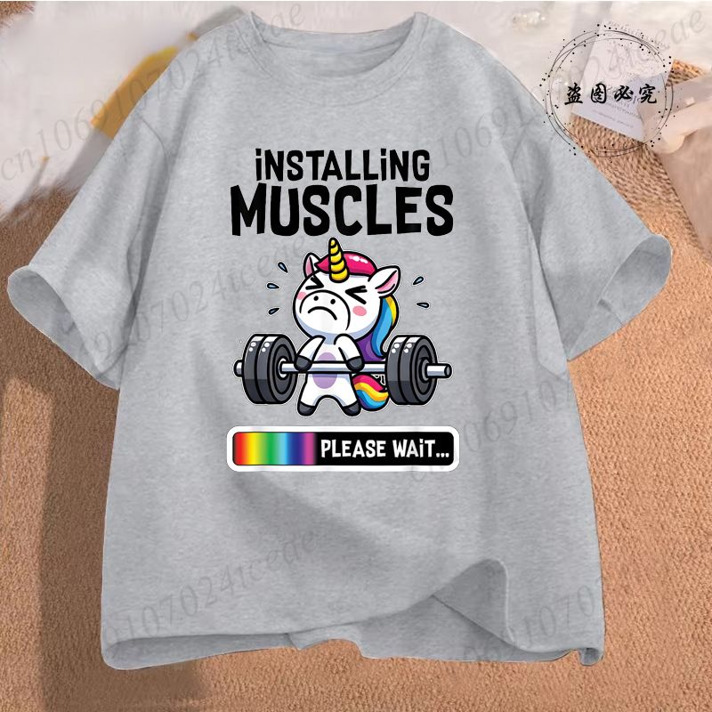 Installing Muscles Women's T-Shirt Clothing Funny Gym Unicorn Graphic T Shirt Fitness Workout Fashion Casual Short Sleeve Tops_ecoleips.com