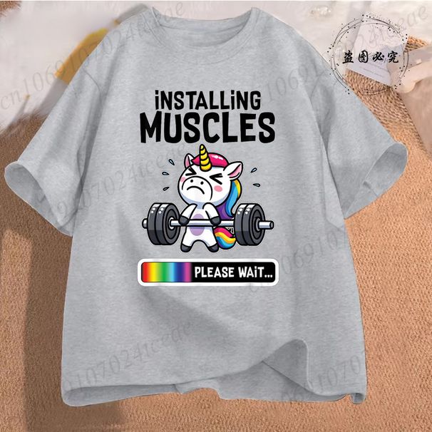 Installing Muscles Women's T-Shirt Clothing Funny Gym Unicorn Graphic T Shirt Fitness Workout Fashion Casual Short Sleeve Tops_ecoleips.com
