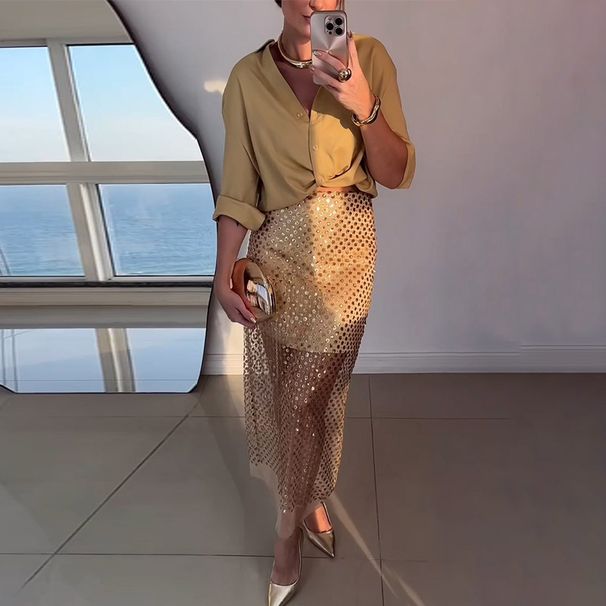 Women’s Clothing Spring new shirt long sleeved top waist sequined skirt women's skirt suit_ecoleips.com