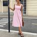 Summer Elegant Simple Women's Square Neck Dress Waist Cinching Striped Sleeveless Casual Clothing_ecoleips.com