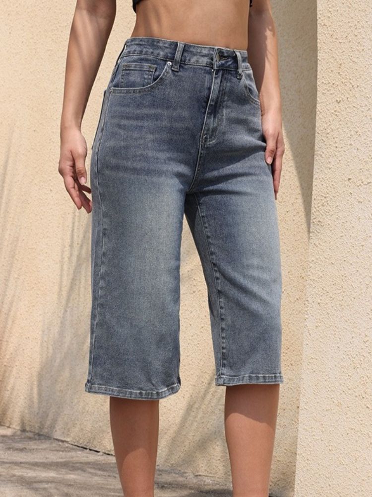 K New Women's Cowboy Mid Pants Breathable Quarter Pants Elastic High Waist Elastic Mid Pants_ecoleips.com