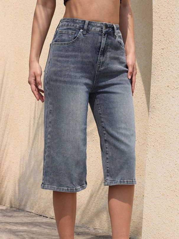 K New Women's Cowboy Mid Pants Breathable Quarter Pants Elastic High Waist Elastic Mid Pants_ecoleips.com