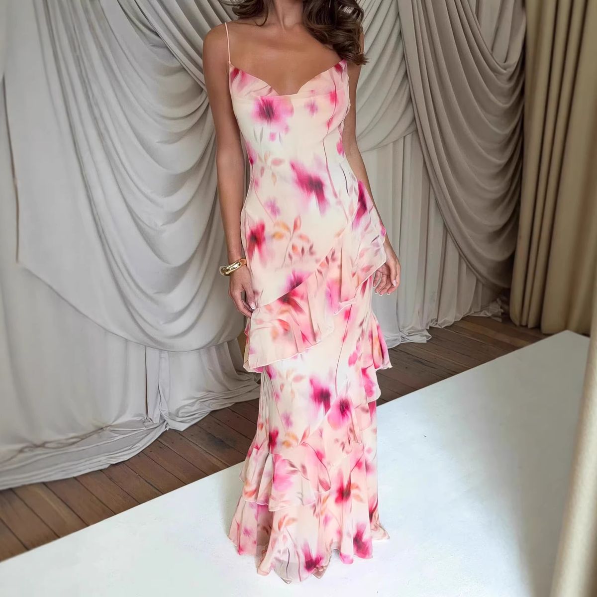 Sexy Backless Floral Print Maxi Dress Pink Style Casual Comfortable Vacation Suspender Dress For Women_ecoleips.com