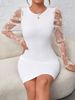 Women's Clothing Mesh Splicing Petal Sleeve Dress Solid Color Slim Hip Skirt_ecoleips.com