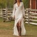 Sexy Jacquard Boho Solid Gowns Elegant V-Neck Long Sleeve Wedding Dress Women's Fashion Lace Fringe High Waist Hollow Maxi Dress_ecoleips.com
