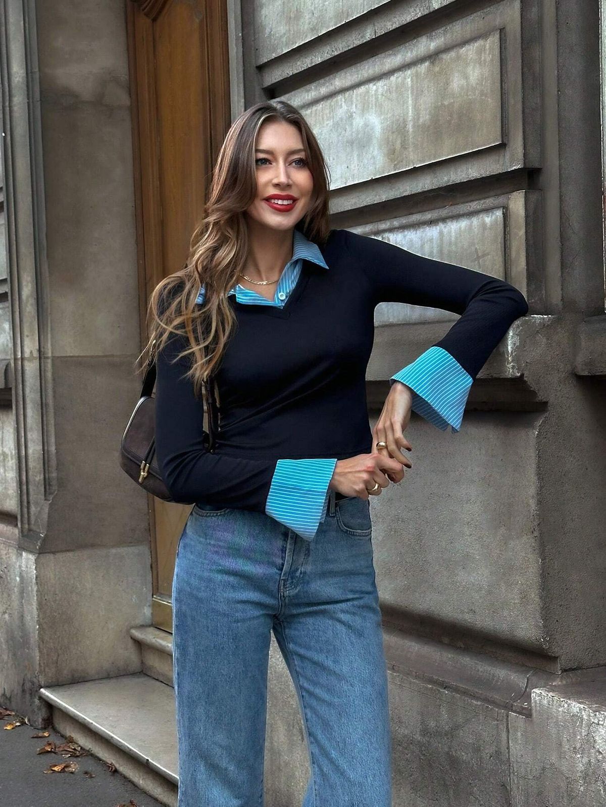 Women's Clothing Style Women's Faux Two-Piece Patchwork Knit Top Color Blocked Collar Slim Fit Striped Long Sleeves Elegant Commuter Base Layer_ecoleips.com