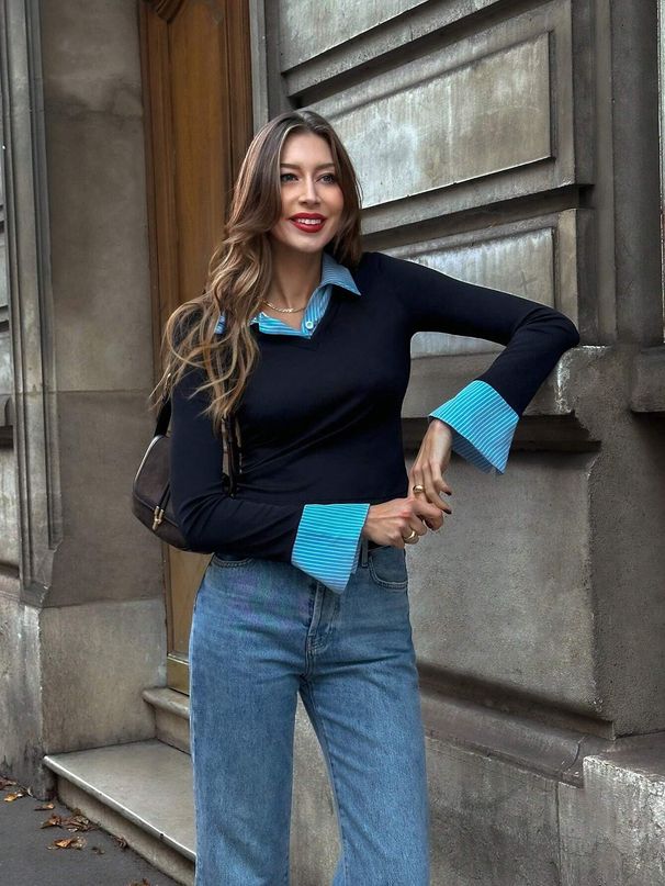 Women's Clothing Style Women's Faux Two-Piece Patchwork Knit Top Color Blocked Collar Slim Fit Striped Long Sleeves Elegant Commuter Base Layer_ecoleips.com