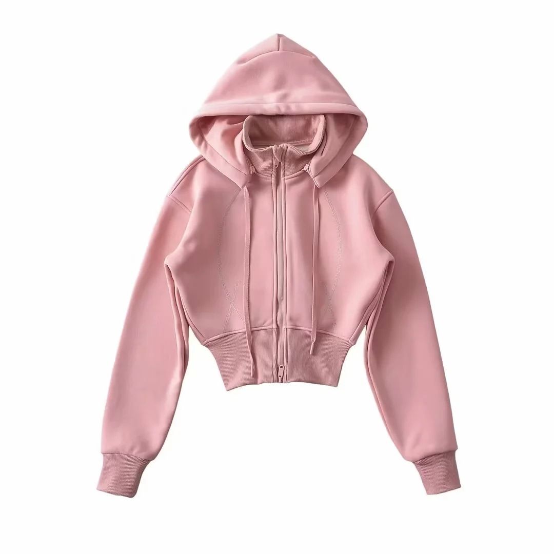 "Cropped Hooded Sweater Jacket For Women – Detachable Hood & Slim Fit (Pinkish/Dark Brown/Black) – Y2K Aesthetic & Streetwear Style"_ecoleips.com