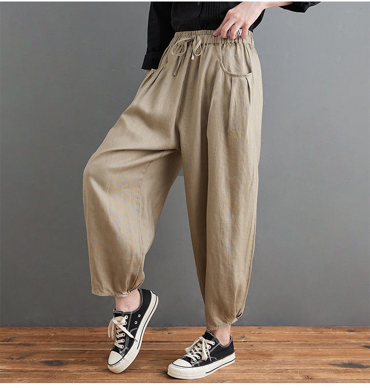 Suitable For All Seasons Artistic Cotton Linen Harem For Women, Summer Casual With Elastic Waistband, Drawstring Lantern Pants, Loose Thin_ecoleips.com
