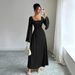 Elegant Square Neck Long Sleeve Midi Dress Vintage Inspired Solid Color Ruffle Cuff Bell Sleeve for Women_ecoleips.com