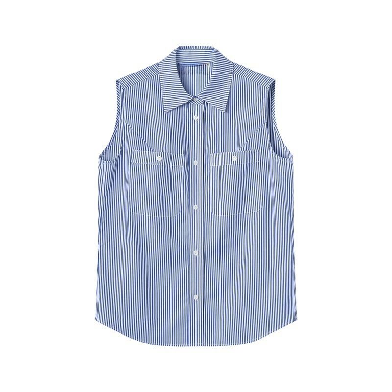 Women's Sleeveless Striped Shirt - Summer Casual Polo Collar Blouse - Relaxed Fit Square Shoulder Top For Office & Streetwear_ecoleips.com