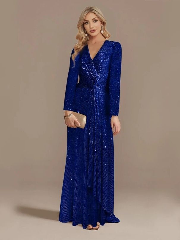 Women's Clothing New Dress Spring Solid Color Sequin Long Sleeved Temperament Lady Evening Dress_ecoleips.com