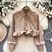 Romantic Floral Blouse – Ruffled V-Neck With Detachable Bow (One Size, Soft Satin, 6 Colors) Breathable Comfort_ecoleips.com