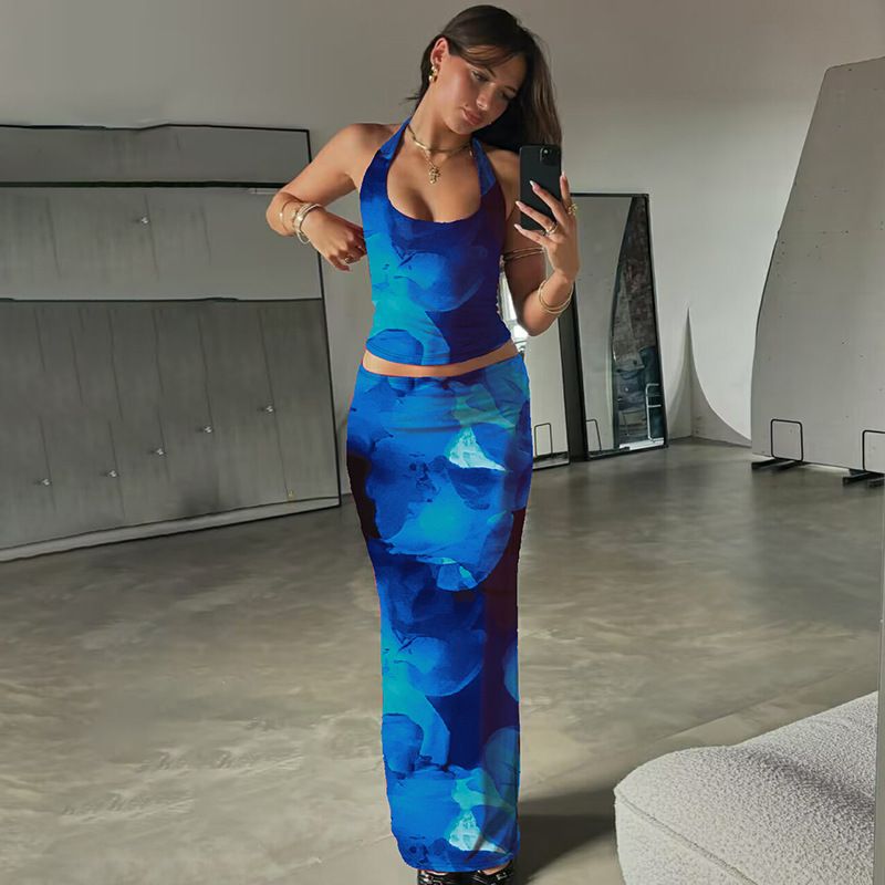 Women's Clothing Summer New Fashion Print Sexy U Neck Small Vest Slim Skirt Suit_ecoleips.com