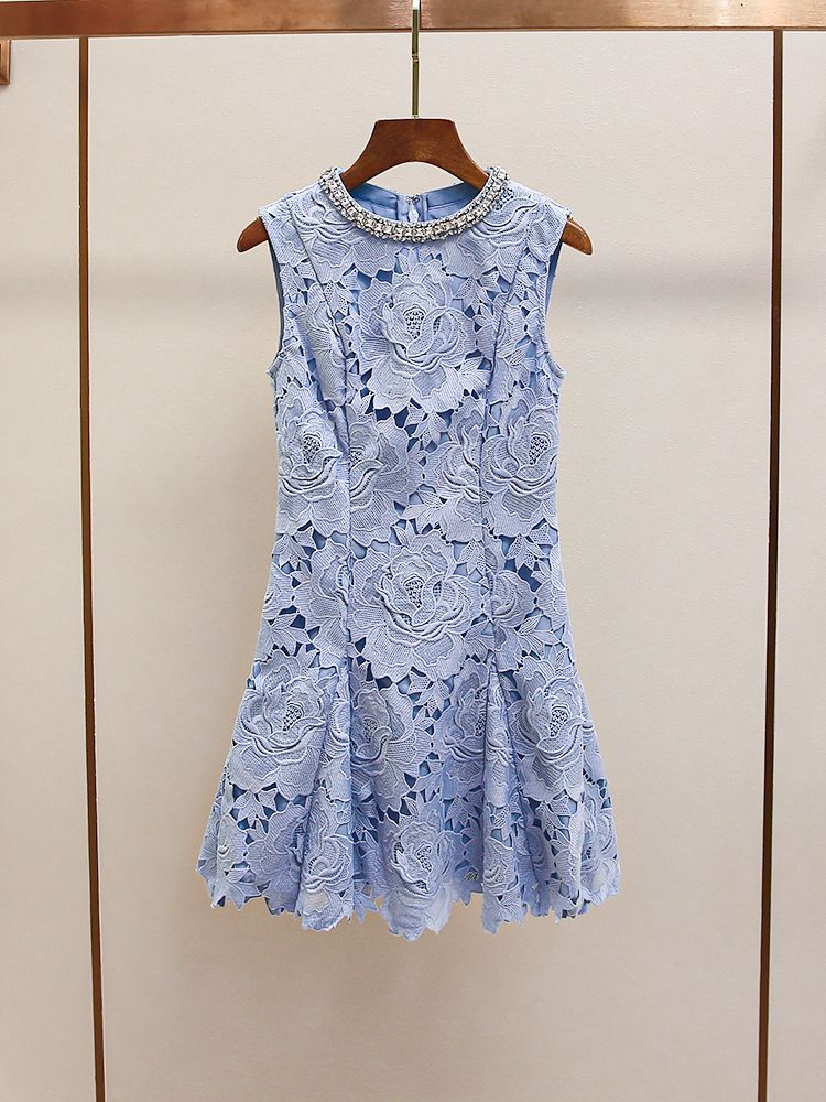 SP Home Women's French Lace Sleeveless Dress - Elegant Round Neck Floral Design, Spring Summer Dress_ecoleips.com
