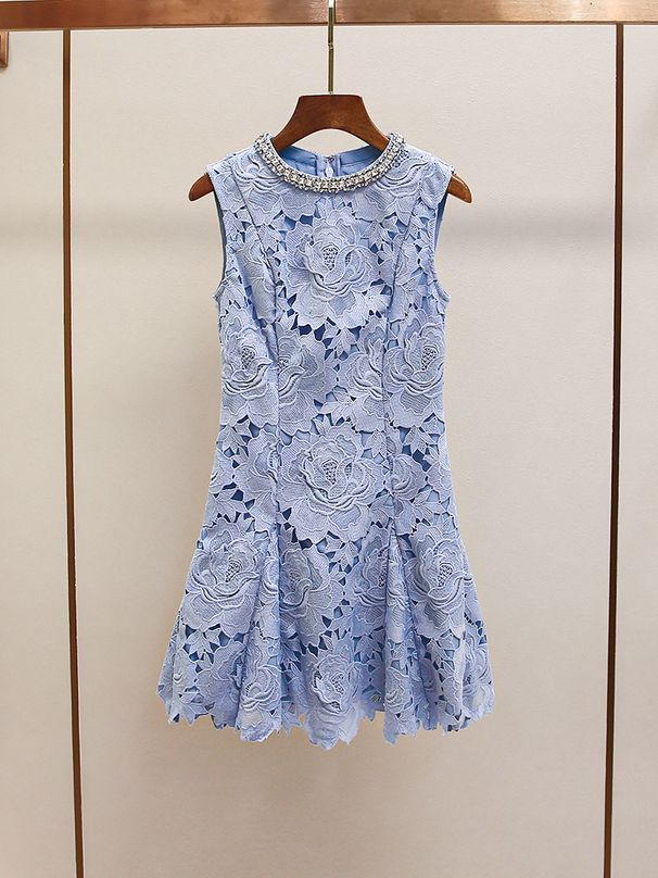 SP Home Women's French Lace Sleeveless Dress - Elegant Round Neck Floral Design, Spring Summer Dress_ecoleips.com