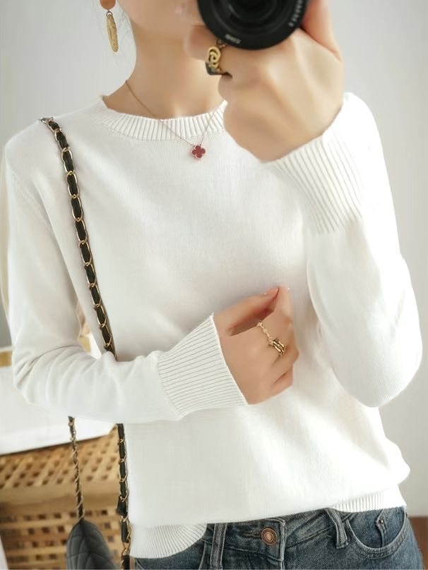Women's Long Sleeve Knit Top - Classic Round Neck Stretchable Basic Shirt In Black/White/Sky Blue/Peach (S/M/L/Xl)_ecoleips.com