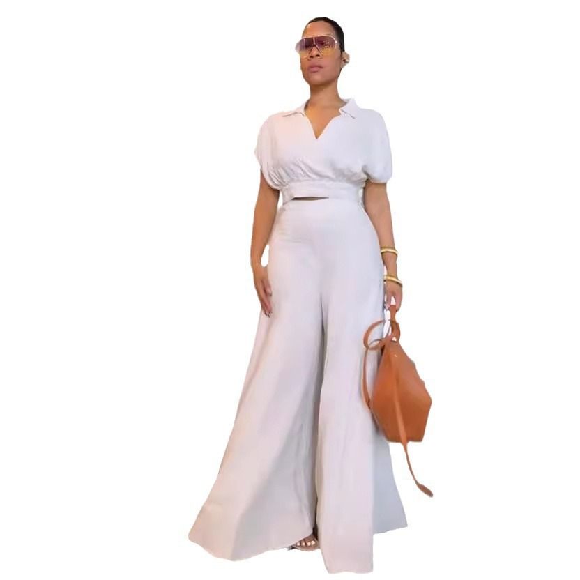 Women's Clothing Solid Color Waist Loose Flared Pants Suit Two Piece Set_ecoleips.com