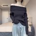 Elegant Off-Shoulder Knit Sweater For Women - Soft Cotton Blend, Long Sleeve, Crew Neck, Stretchable & Comfortable, Versatile Casual Wear_ecoleips.com