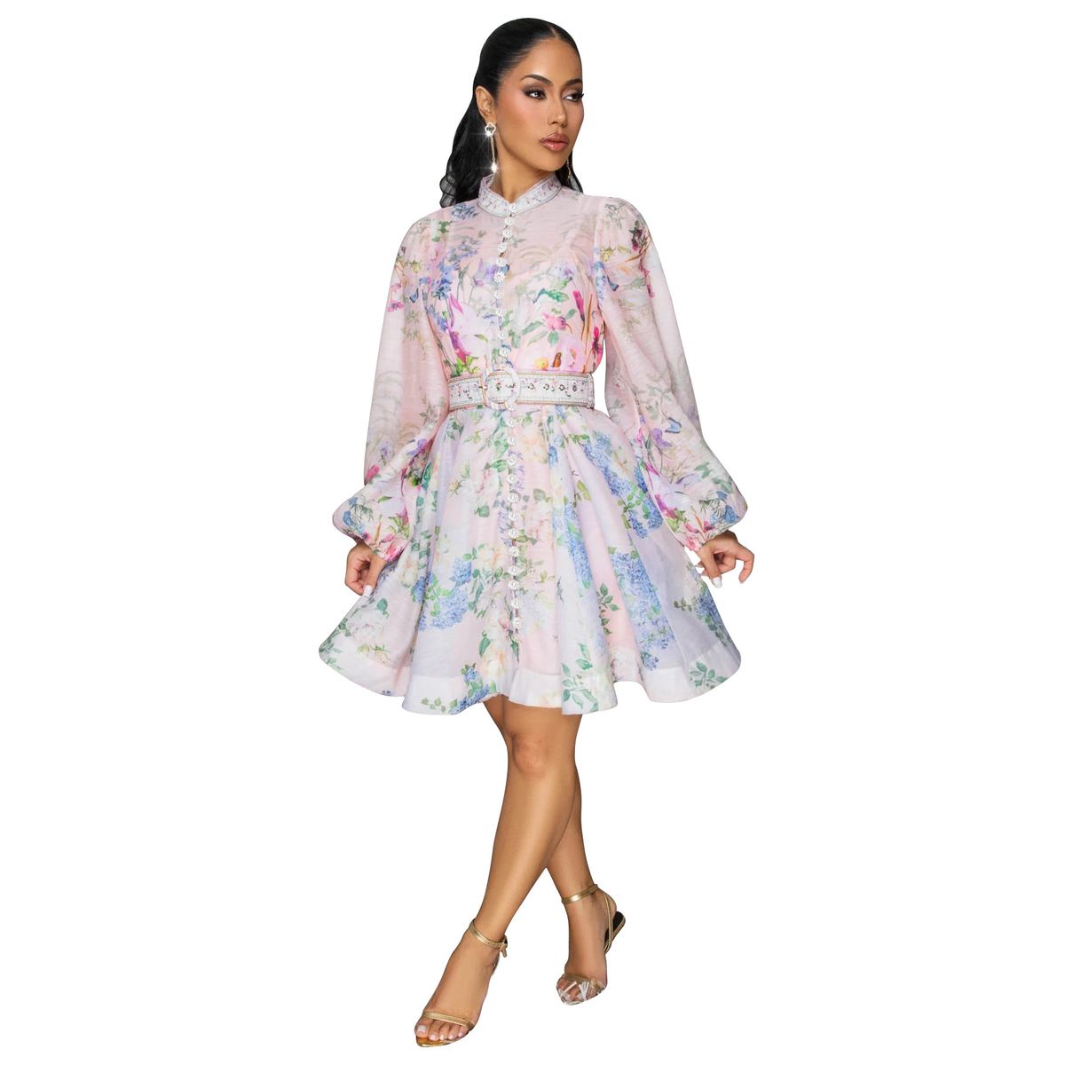 Floral Print Lantern Sleeve Dress With Belt – Boho Chic Button-Up Mini Dress (Light Pink/Blue/Yellow, S-XXL)_ecoleips.com