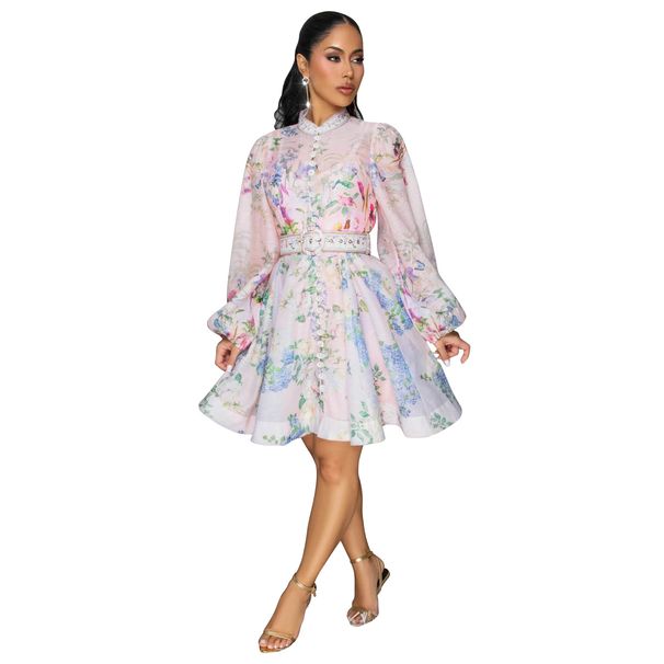 Floral Print Lantern Sleeve Dress With Belt – Boho Chic Button-Up Mini Dress (Light Pink/Blue/Yellow, S-XXL)_ecoleips.com