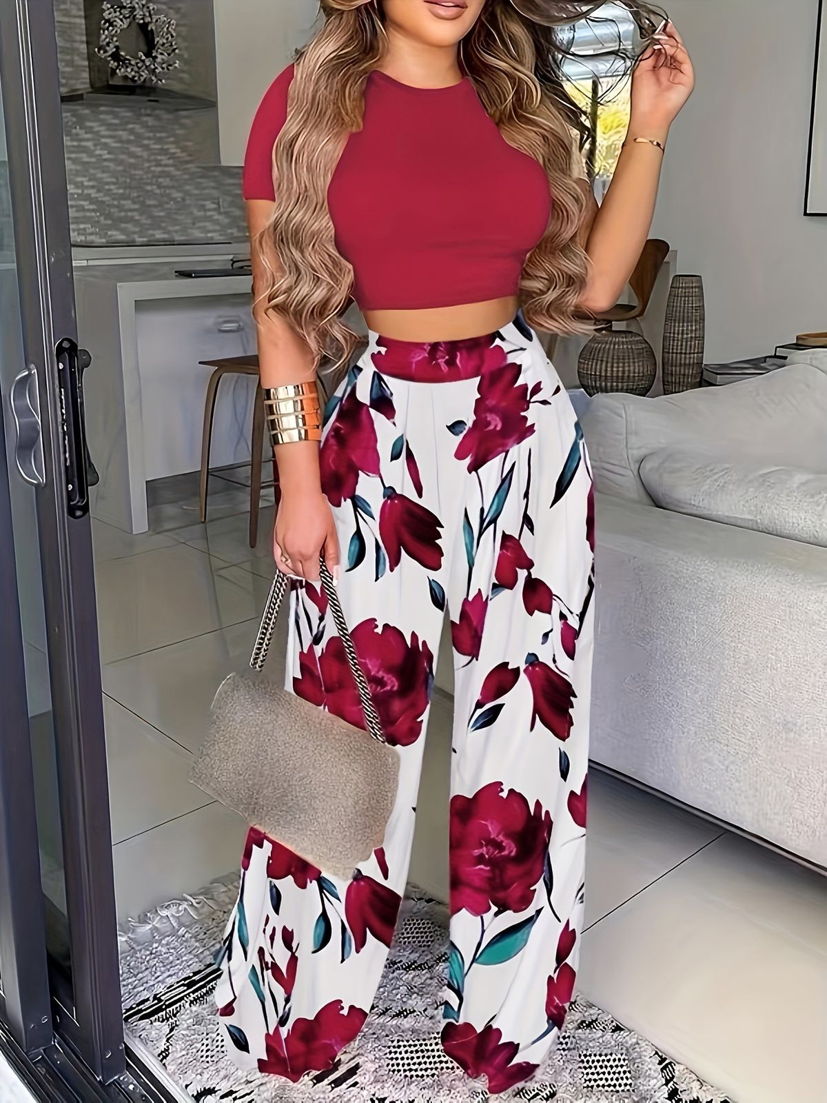 Women's Plus Size Fashion Casual Suit Set With Printed T-Shirt And Wide Leg Pants Trendy Clothing_ecoleips.com