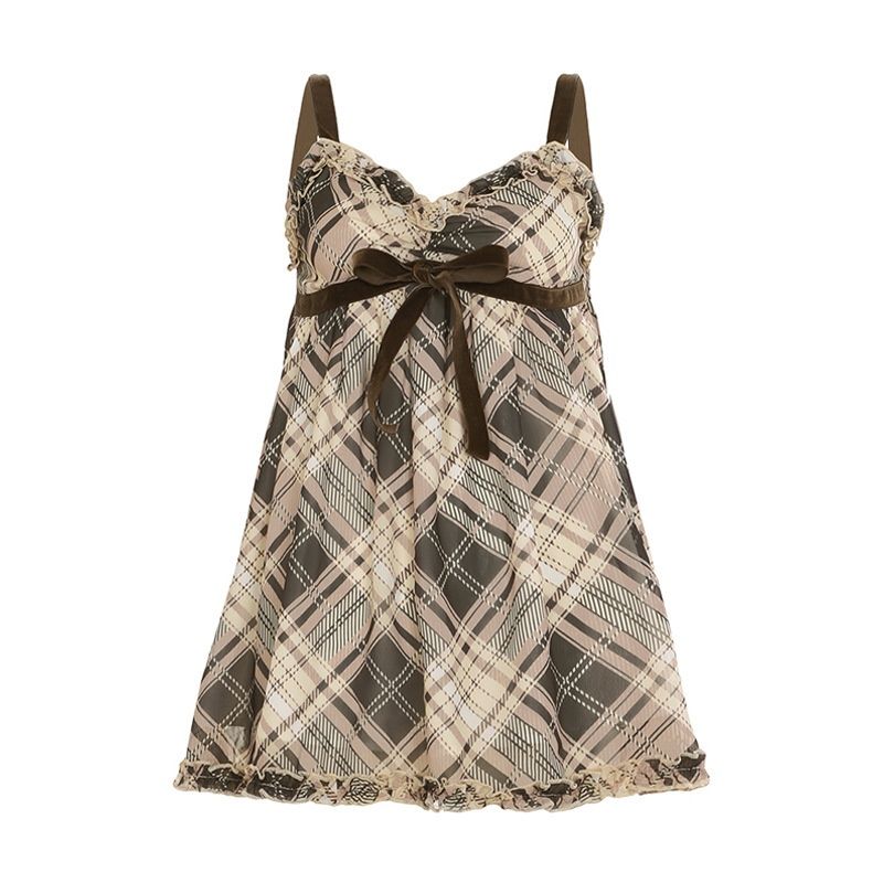 European And American Sweet Girl Style Patterned Contrasting Color Bow Strap Cross-border V-neck Lace Trim Loose_ecoleips.com
