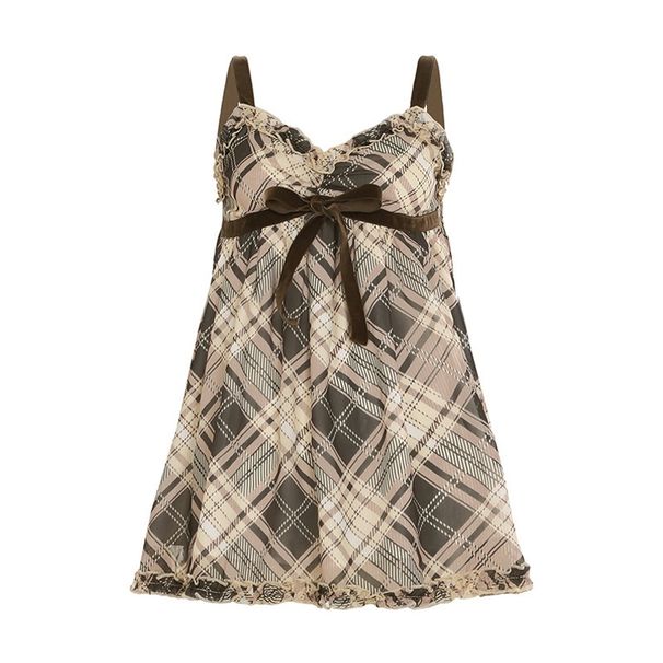 European And American Sweet Girl Style Patterned Contrasting Color Bow Strap Cross-border V-neck Lace Trim Loose_ecoleips.com