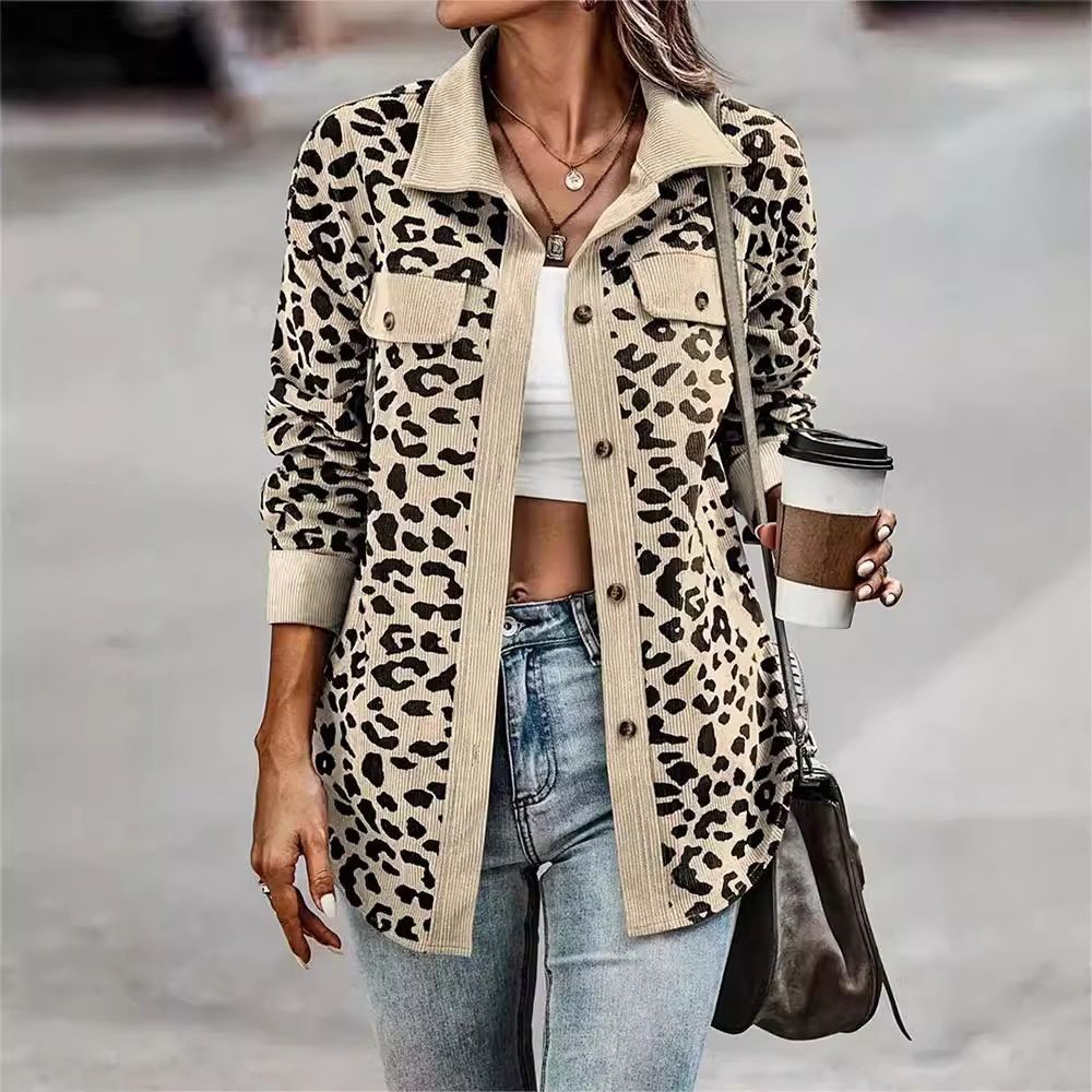 cross-border Women's Clothing Retro Corduroy Coat Long-sleeve Jacket Autumn Leopard Print Shirt European And_ecoleips.com