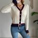 Women's V-Neck Button Cardigan - Preppy Contrast Trim Knit Sweater For Autumn Layering In White/Grey/Navy_ecoleips.com