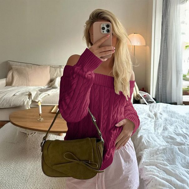 Leisure Commuting Solid-Color Long-Sleeve Vest Sweater Woolen Women's Wholesale Autumn-Winter Off-Shoulder Top_ecoleips.com