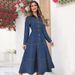 Women's Denim Shirt Dress With Belted Waist, Long Sleeve & Button-Down Collar – Slim Fit Long Maxi Dress For Casual & Streetwear_ecoleips.com